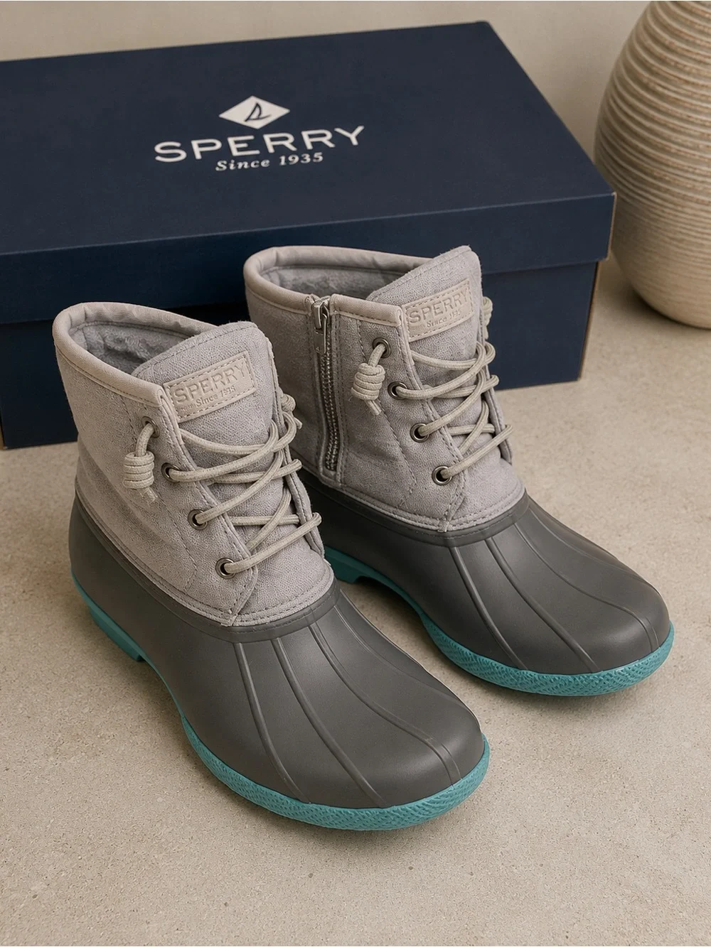 Sperry Saltwater Grey‎ Teal Waterproof Rubber Canvas Duck Boots Womens 6M